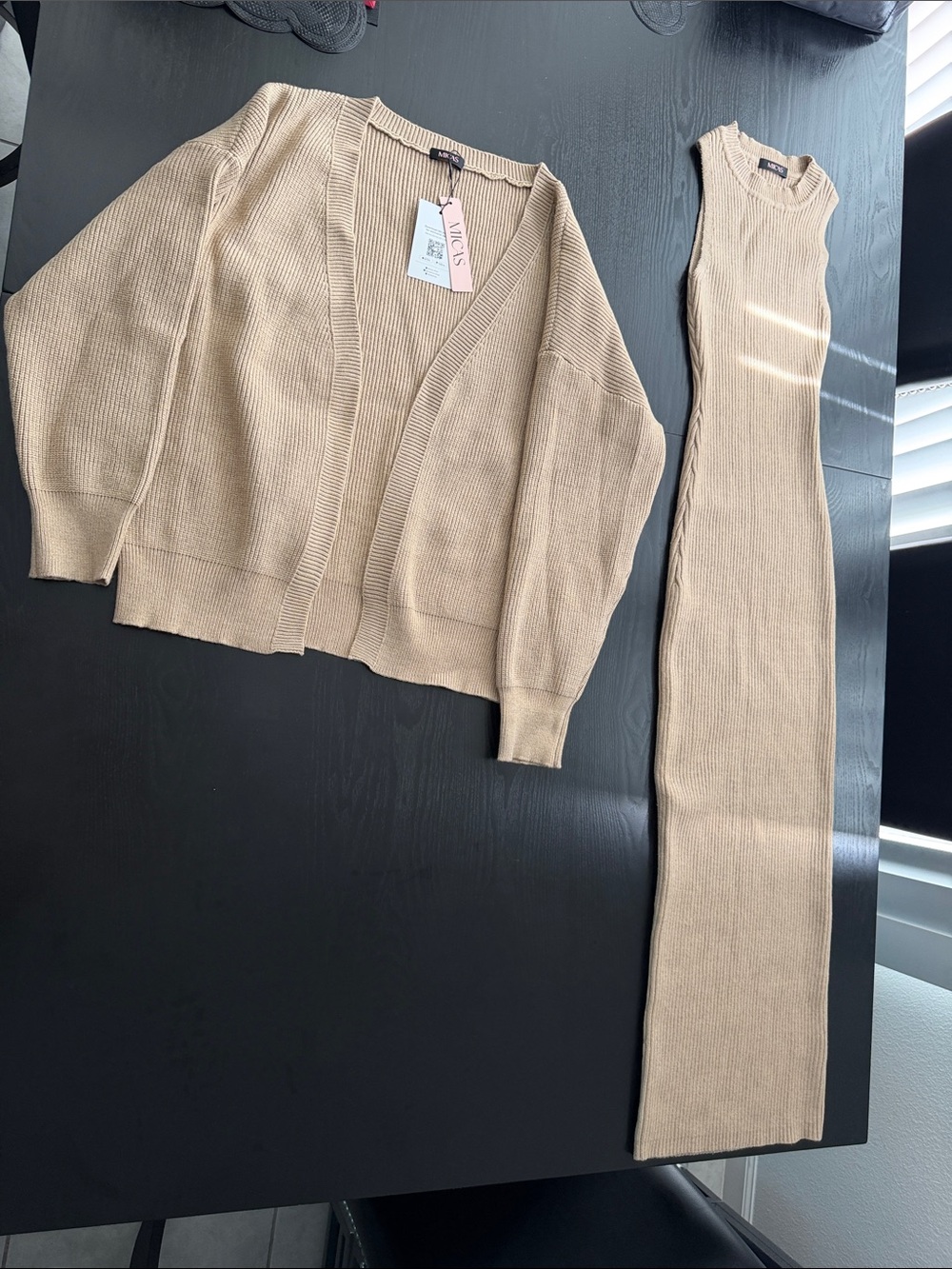 MICAS - Beige Ribbed Knit Cardigan and Dress Set